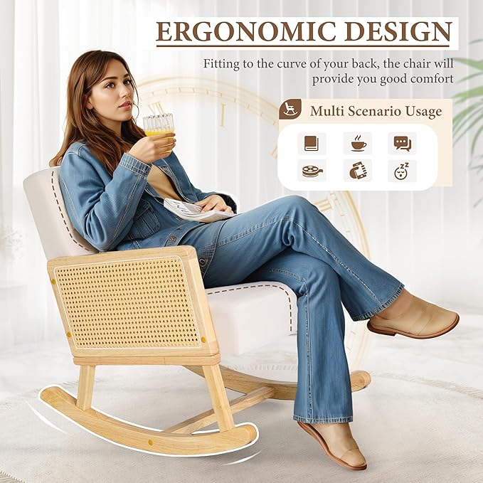 YESHOMY Mid-Century Accent Rocking Chair with Pillow Upholstered with Solid Frame & Breathable Armrest for Living Room, White - LeafyLoom