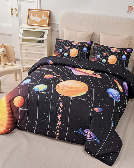 Solar System Comforter Set Twin Outer Space Room Decor Bedding Set 3 Pieces 1 Planets Theme Comforter and 2 Pillow Shams for Boys Kids Ultra-Soft Microfiber All Seasons for Bedroom Sofa - LeafyLoom