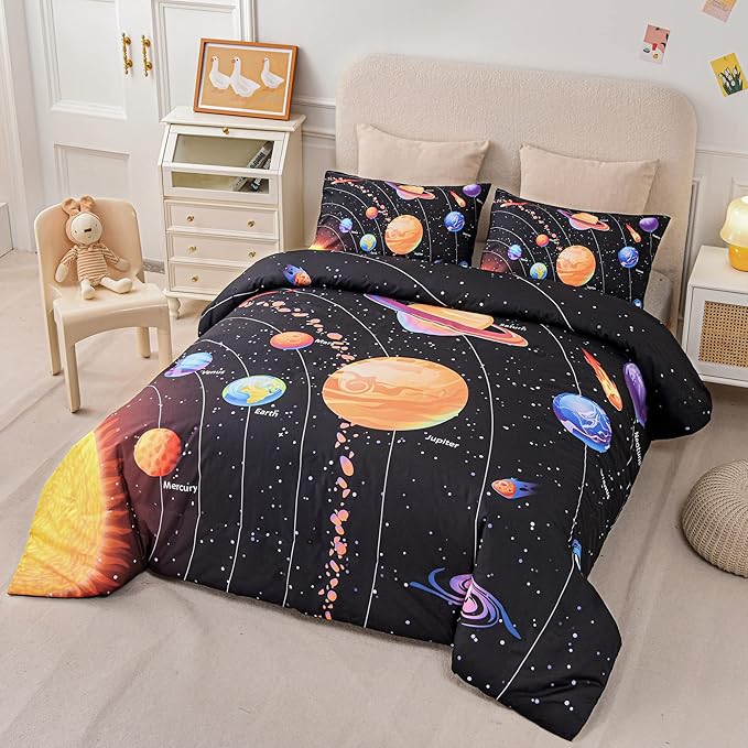 Solar System Comforter Set Twin Outer Space Room Decor Bedding Set 3 Pieces 1 Planets Theme Comforter and 2 Pillow Shams for Boys Kids Ultra-Soft Microfiber All Seasons for Bedroom Sofa - LeafyLoom