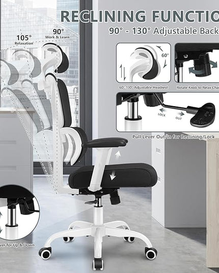 Office Chair Ergonomic Desk Chair, High Back Gaming Chair, Big and Tall Reclining chair Comfy Home Office Desk Chair Lumbar Support Breathable Mesh Computer Chair Adjustable Armrests (White) - LeafyLoom