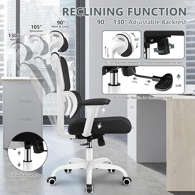 Office Chair Ergonomic Desk Chair, High Back Gaming Chair, Big and Tall Reclining chair Comfy Home Office Desk Chair Lumbar Support Breathable Mesh Computer Chair Adjustable Armrests (White) - LeafyLoom