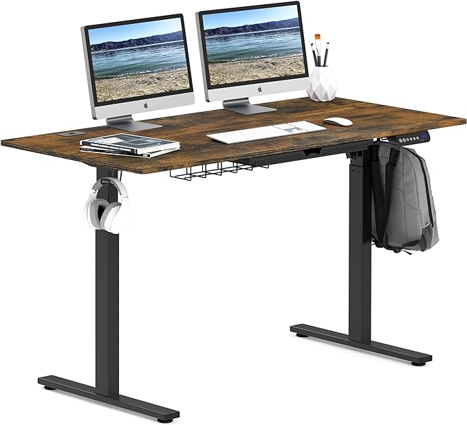 SHW 55-Inch Large Electric Height Adjustable Standing Desk, 55 x 28 Inches, Rustic Brown - LeafyLoom