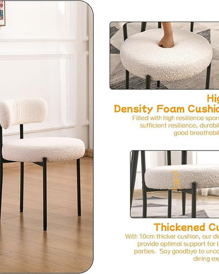 EDWELL White Dining Chairs Set of 4, Modern Dining Room Chairs with 3.94“ Cushions and Metal Legs, Round Upholstered Kitchen Dining Chairs, Ergonomic Backrest Boucle Chairs for Kitchen, Living Room - LeafyLoom