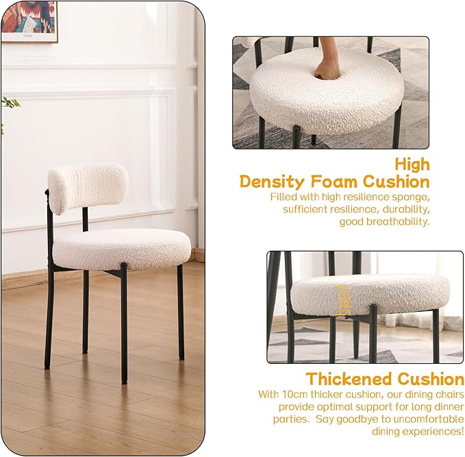 EDWELL White Dining Chairs Set of 4, Modern Dining Room Chairs with 3.94“ Cushions and Metal Legs, Round Upholstered Kitchen Dining Chairs, Ergonomic Backrest Boucle Chairs for Kitchen, Living Room - LeafyLoom