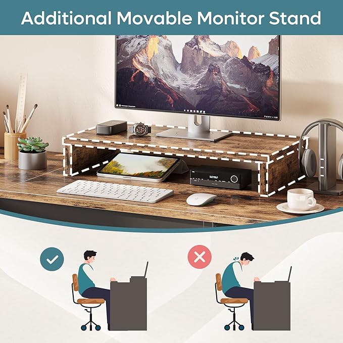 Bestier Lift Top L Shaped Desk with File Drawer, 55'' x 55'' Office Desk with Reversible Storage Drawers, L Shaped Standing Desk with Computer Monitor Stand - LeafyLoom