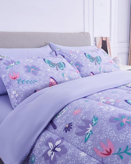 Mooreeke Bed in a Bag for Kids Girls Teens, 6 Pieces Twin Size Comforter Bed Set with Shams, Sheet Set and Decorative Toy Pillow, Butterfly Purple Super Soft Microfiber Kids Comforter Bedding Set - LeafyLoom