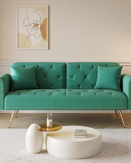 Button Tufted Upholstered Convertible Folding Sleeper Sofa Bed Futon Loveseat Couch Recliner Daybed with Adjustable and Nailhead Trim for Living Room, Bedroom, Green 69.7" - LeafyLoom
