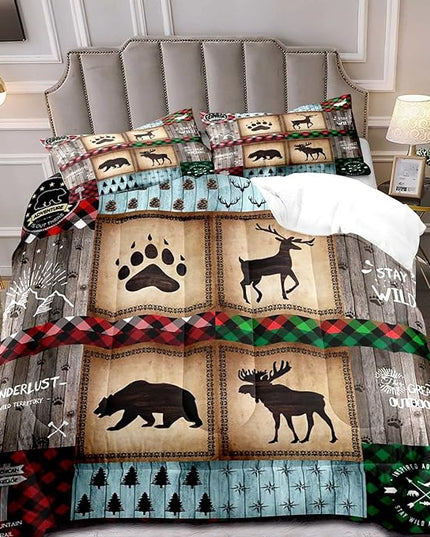 LUVIVIHOME 3PCS Rustic Farmhouse Cabin Comforter Set Queen Size, Bear Elk Moose Deer Bedding Sets, Forest Animal Wildlife Hunting Country Lodge Green Red Plaid Brown Patchwork Quilt, 2 Pillow Shams - LeafyLoom
