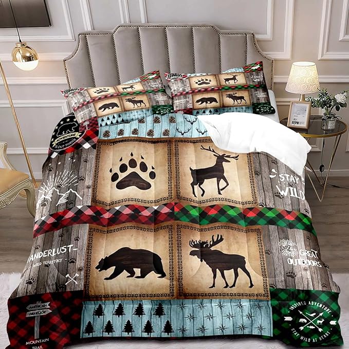 LUVIVIHOME 3PCS Rustic Farmhouse Cabin Comforter Set Queen Size, Bear Elk Moose Deer Bedding Sets, Forest Animal Wildlife Hunting Country Lodge Green Red Plaid Brown Patchwork Quilt, 2 Pillow Shams - LeafyLoom