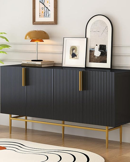 60" Modern 4-Door Elegant Sideboard with Gold Metal Handles and Legs,Storage Buffet Cabinet,W/Adjustable Shelves & Open Countertop,Console Table for Dining Living Room Hallway,Black - LeafyLoom