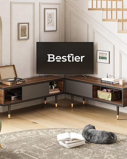 Bestier Mid Century Modern TV Stand for 85 inch tv, Entertainment Center with Storage and Sliding Doors, 2 in 1 Long TV Cabinet for Living Room, Ancona Walnut - LeafyLoom