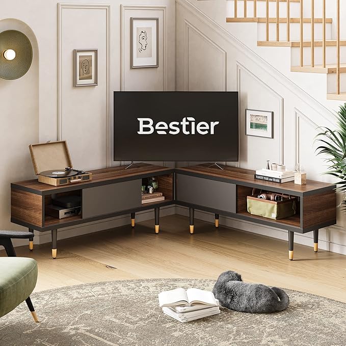 Bestier Mid Century Modern TV Stand for 85 inch tv, Entertainment Center with Storage and Sliding Doors, 2 in 1 Long TV Cabinet for Living Room, Ancona Walnut - LeafyLoom
