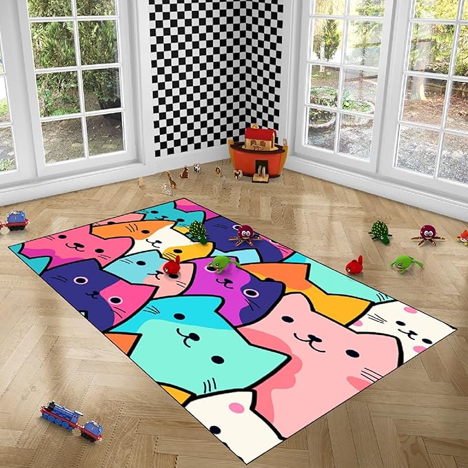 Cat Rug for Girls Bedroom - Cat Area Rug Cartoon Cat Rug Carpet for Kids Room Cute Cat Rugs Room Decor Colorful Anime Rug with Cat Printed, 4x5 Feet - LeafyLoom