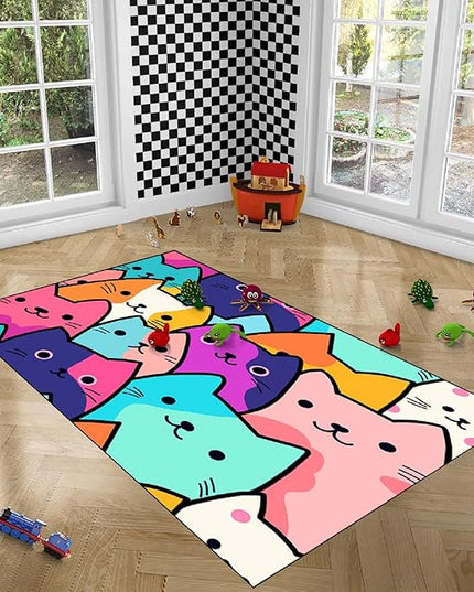 Cat Rug for Girls Bedroom - Cat Area Rug Cartoon Cat Rug Carpet for Kids Room Cute Cat Rugs Room Decor Colorful Anime Rug with Cat Printed, 3x5 Feet - LeafyLoom