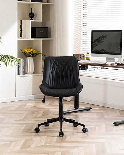 YOUNIKE Desk Chair with Wheels Armless Office Chair Swivel Rolling Task Chair with Back Upholstered Faux Leather Computer Chair Height Adjustable Modern Ergonomic Seat, Loads 300 lbs, Black - LeafyLoom