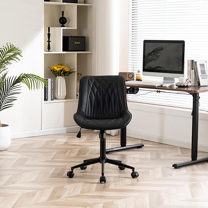 YOUNIKE Desk Chair with Wheels Armless Office Chair Swivel Rolling Task Chair with Back Upholstered Faux Leather Computer Chair Height Adjustable Modern Ergonomic Seat, Loads 300 lbs, Black - LeafyLoom