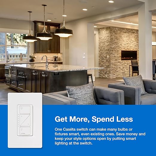 Lutron Caseta Original Smart Dimmer Switch Kit w/ Hub, with Pico Remote, Wallmount Bracket, & Smart Hub, Works with Alexa, Apple Home, Google Home, 3 Way, 150W, No Neutral Req, P-BDG-PKG1W-A Lutron