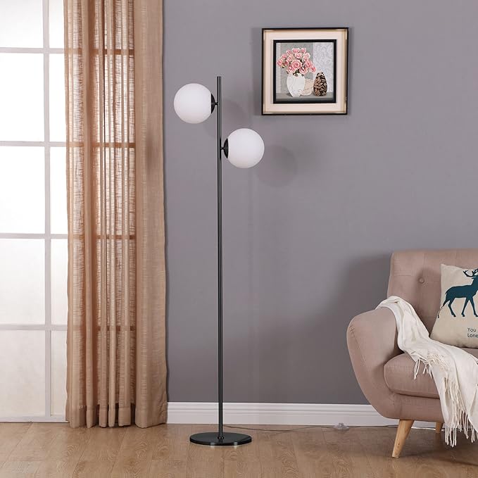 Brightech Sphere - Mid Century Modern 2 Globe Floor Lamp for Living Room Bright Lighting - Contemporary LED Standing Light for Bedrooms & Offices - Black Indoor Pole Light - LeafyLoom