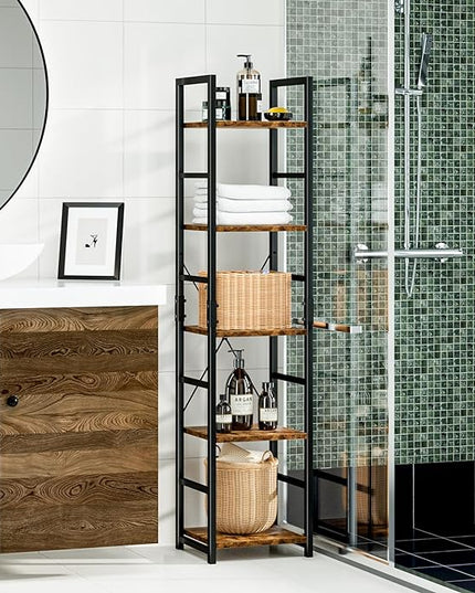 NUMENN 5 Tier Slim Bookshelf, Tall Bookcase Shelf Storage Organizer, Modern Book Shelf for Bedroom, Living Room and Home Office, Vintage - LeafyLoom
