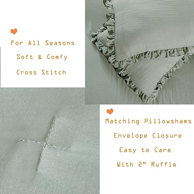 Sage Green Ruffle Comforter Set Queen,Vintage Farmhouse Shabby Ruffled Chic Bedding Comforter,Rustic Aesthetic Bedding 3 Pieces Women Girls Bedroom Vintage Bed Comforter - LeafyLoom
