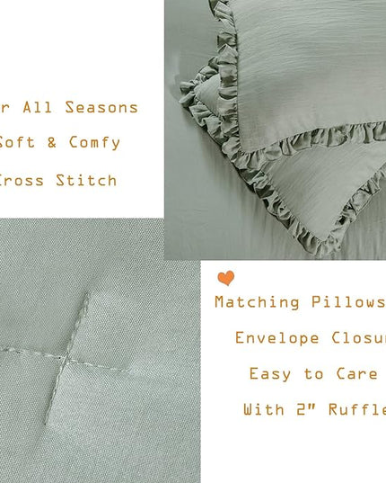 Sage Green Ruffled Comforter King Size,Farmhouse Shabby Ruffle Rustic Aesthetic Sage Green Bedding Extra Soft 3PCS (1 Ruffle Comforter and 2 Pillowcases) - LeafyLoom