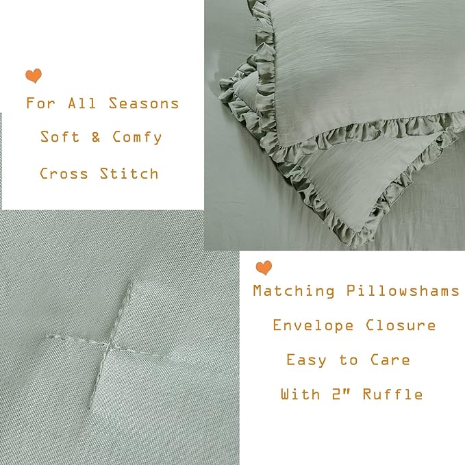 Sage Green Ruffled Comforter King Size,Farmhouse Shabby Ruffle Rustic Aesthetic Sage Green Bedding Extra Soft 3PCS (1 Ruffle Comforter and 2 Pillowcases) - LeafyLoom