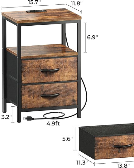 Nightstand with Charging Station, Side Table with Fabric Drawers, End Table with Open Shelf, Bedside Table with USB Ports and Outlets, Night Stand for Bedroom, Rustic Brown - LeafyLoom