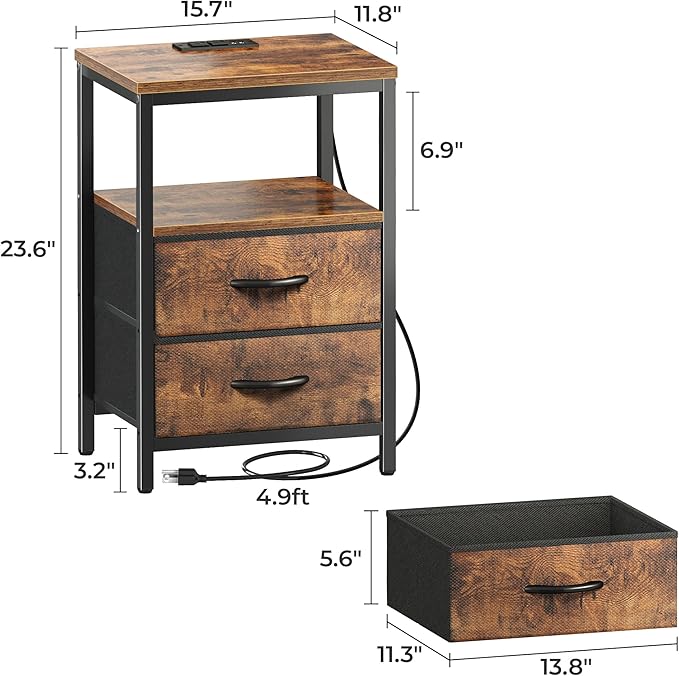 Nightstand with Charging Station, Side Table with Fabric Drawers, End Table with Open Shelf, Bedside Table with USB Ports and Outlets, Night Stand for Bedroom, Rustic Brown - LeafyLoom
