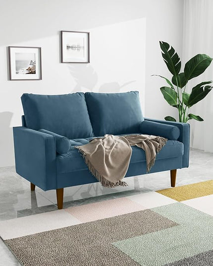 Velvet Furniture for Small Spaces, Mid-Century Modern Loveseats for Living Room, Love Seat Couch Sofas, 58 Inches, Prussian Blue - LeafyLoom