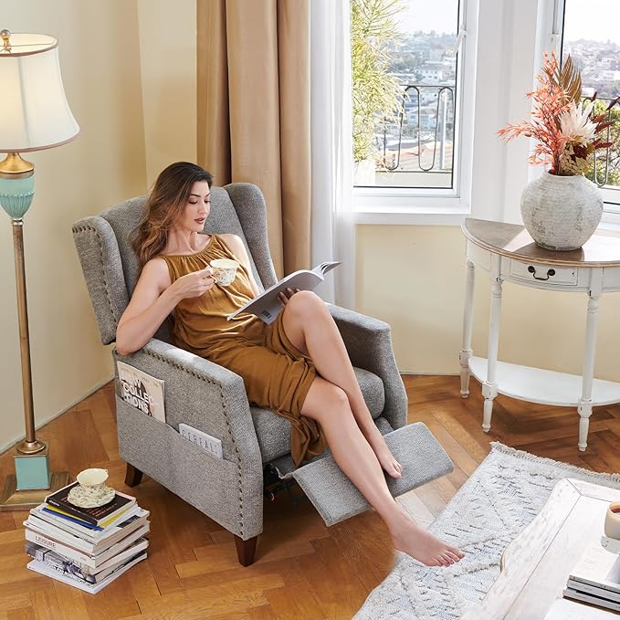 COLAMY Wingback Pushback Recliner Storage Pocket Upholstered Fabric Living Room Chair Armchair, with Wood Legs and Nailhead Trim, Light Grey - LeafyLoom