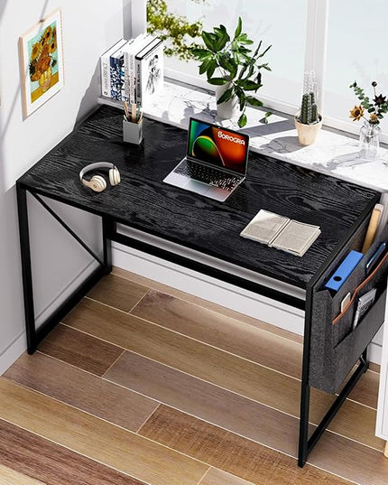 Folding Desk, Small Foldable Desk 39.4 Inch for Small Space, Computer Table Home Office Writing Desk with Storage Bag Headphone Hook, Easy Assembly, Black - LeafyLoom