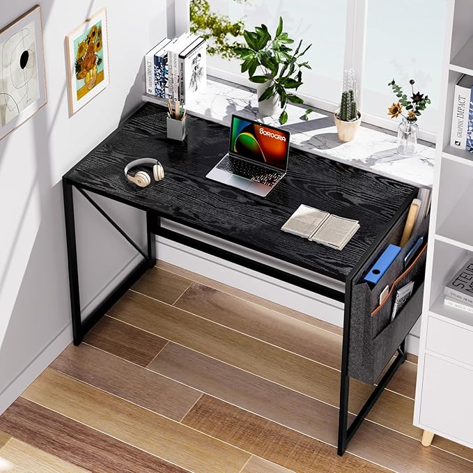 Folding Desk, Small Foldable Desk 39.4 Inch for Small Space, Computer Table Home Office Writing Desk with Storage Bag Headphone Hook, Easy Assembly, Black - LeafyLoom