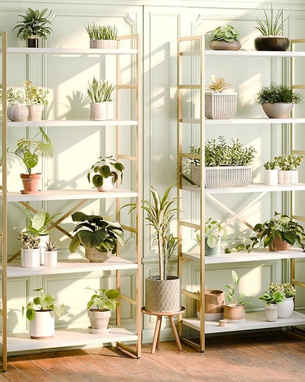 Shintenchi 5 Tiers Bookshelf, Classically Tall Bookcase Shelf,Industrial Book Rack,Modern Book Holder in Bedroom/Living Room/Home/Office, Storage Rack Shelves for Books/Movies,Gold - LeafyLoom