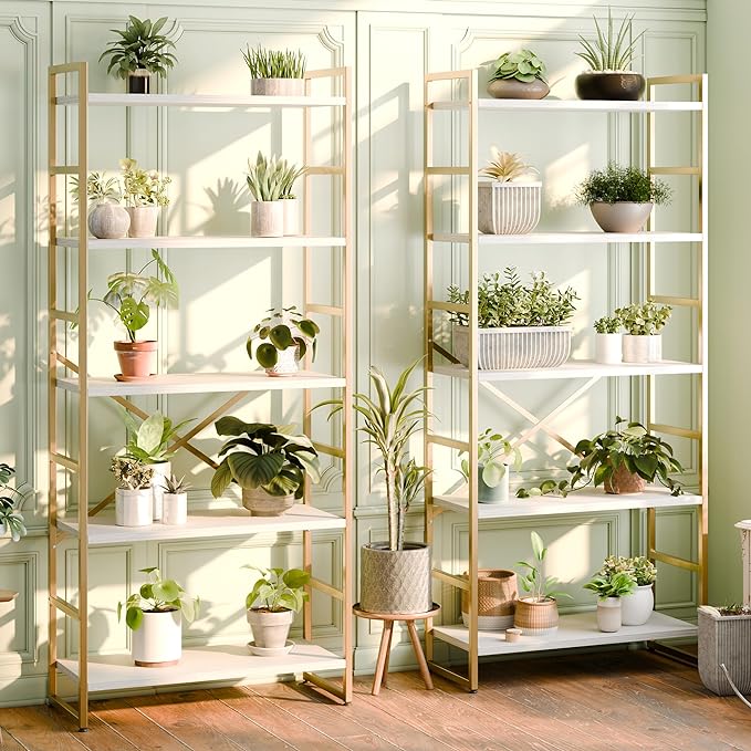 Shintenchi 5 Tiers Bookshelf, Classically Tall Bookcase Shelf,Industrial Book Rack,Modern Book Holder in Bedroom/Living Room/Home/Office, Storage Rack Shelves for Books/Movies,Gold - LeafyLoom