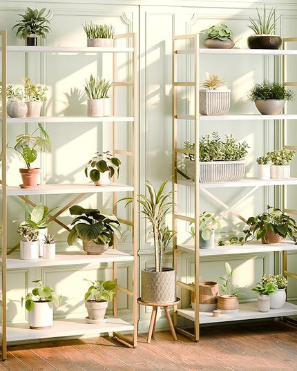 Shintenchi 2 Pieces 5 Tiers Bookshelf, Classically Tall Bookcase Shelf, Industrial Book Rack, Modern Book Holder in Bedroom/Living Room/Home/Office, Storage Rack Shelves for Books/Movies-Gold - LeafyLoom