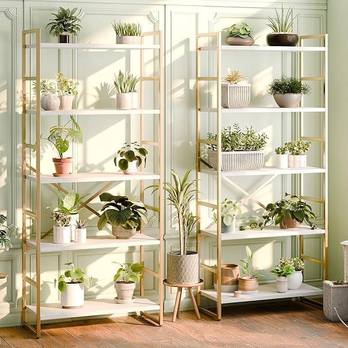 Shintenchi 2 Pieces 5 Tiers Bookshelf, Classically Tall Bookcase Shelf, Industrial Book Rack, Modern Book Holder in Bedroom/Living Room/Home/Office, Storage Rack Shelves for Books/Movies-Gold - LeafyLoom