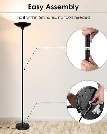 BoostArea Torchiere Floor Lamp, 24W Super Bright LED Standing Lamp, Stepless Dimmable Pole Lamp with 3000K Lighting, Rotary Switch, 70 Inch Tall Metal Modern Floor lamps for Living Room/Bedroom Black - LeafyLoom