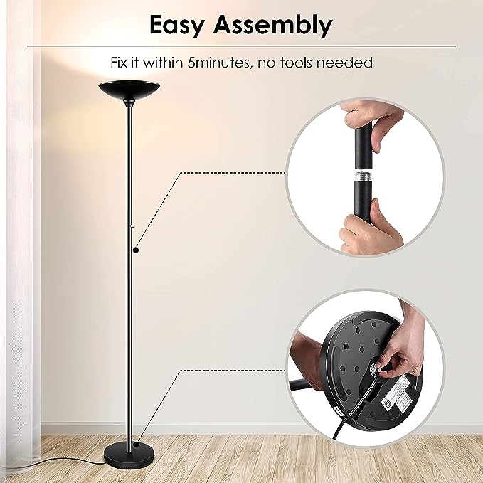 BoostArea Torchiere Floor Lamp, 24W Super Bright LED Standing Lamp, Stepless Dimmable Pole Lamp with 3000K Lighting, Rotary Switch, 70 Inch Tall Metal Modern Floor lamps for Living Room/Bedroom Black - LeafyLoom