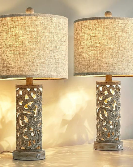 OYEARS 3-Way Dimmable 22'' USB A+C Touch Control Table Lamp Set of 2 with Nightlight for Living Room Bedroom Farmhouse Bedside Nightstand Lamps (Bulb Included) - LeafyLoom