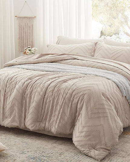 Anluoer Queen Comforter Set, khaki Tufted Bed in a Bag 7 Pieces with comforters and sheets, All Season Bedding Sets with 1 Comforter, 2 PillowShams, 2 Pillowcases, 1 Flat Sheet, 1 Fitted Sheet - LeafyLoom