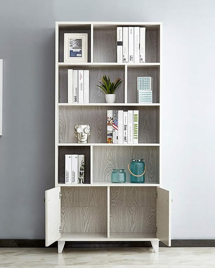Modern Bookcase with 2 doors 68" Tall Storage Cabinet Wooden Bookshelf with 7 Compartments for Home Office, White Wash - LeafyLoom