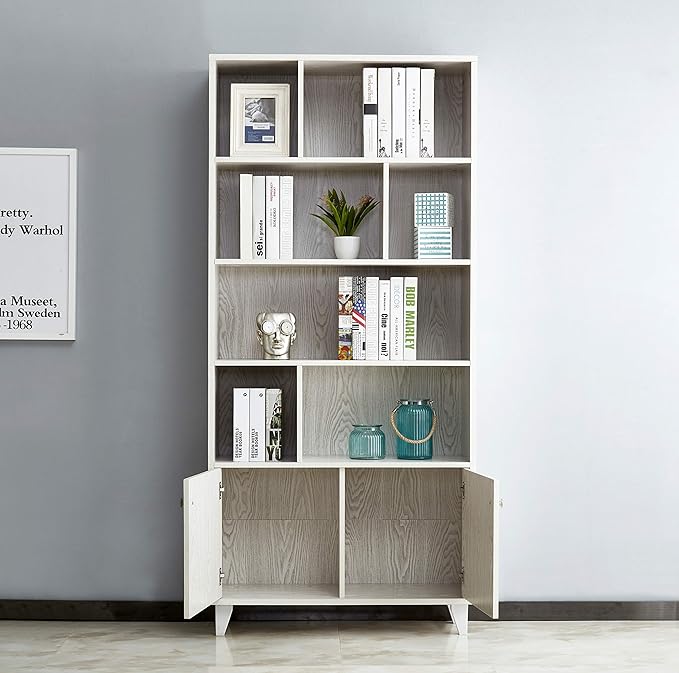 Modern Bookcase with 2 doors 68" Tall Storage Cabinet Wooden Bookshelf with 7 Compartments for Home Office, White Wash - LeafyLoom