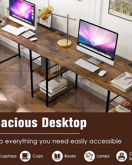 L-Shaped Home Office Desk, Corner Computer Desk w/Monitor Stand, Reversible PC Desk w/Heavy-Duty Metal Frame, Long Office Desk for 2 Person, Space-Saving Design (Rustic Brown) - LeafyLoom