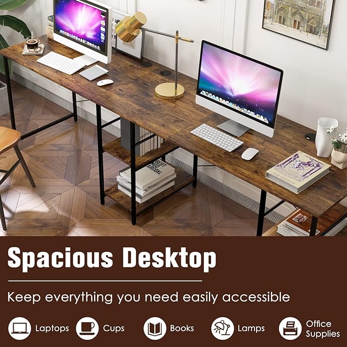L-Shaped Home Office Desk, Corner Computer Desk w/Monitor Stand, Reversible PC Desk w/Heavy-Duty Metal Frame, Long Office Desk for 2 Person, Space-Saving Design (Rustic Brown) - LeafyLoom