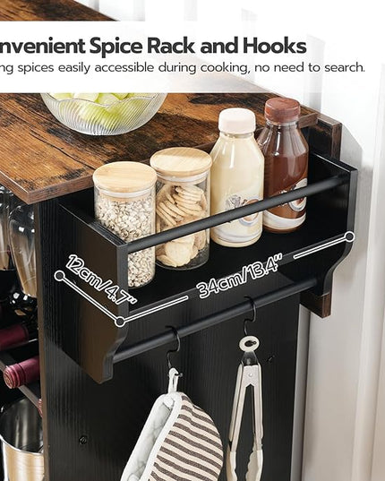 HOOBRO Kitchen Island with Storage, Rolling Kitchen Island with Folding Drop Leaf, Charging Station, Spice Rack, Drawer, Mobile Kitchen Island On Wheels, for Kitchen, Black and Rustic Brown BF95UZD01 - LeafyLoom
