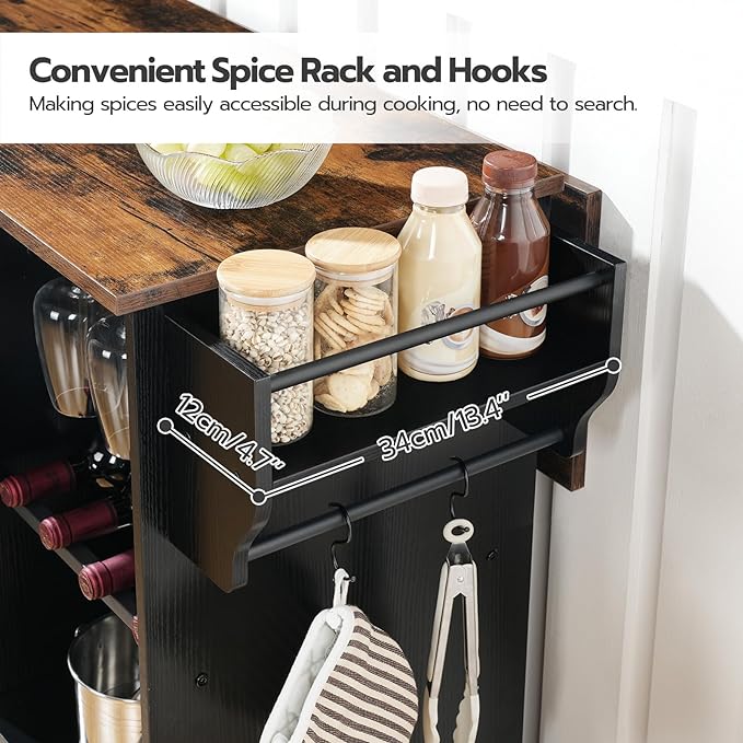 HOOBRO Kitchen Island with Storage, Rolling Kitchen Island with Folding Drop Leaf, Charging Station, Spice Rack, Drawer, Mobile Kitchen Island On Wheels, for Kitchen, Black and Rustic Brown BF95UZD01 - LeafyLoom