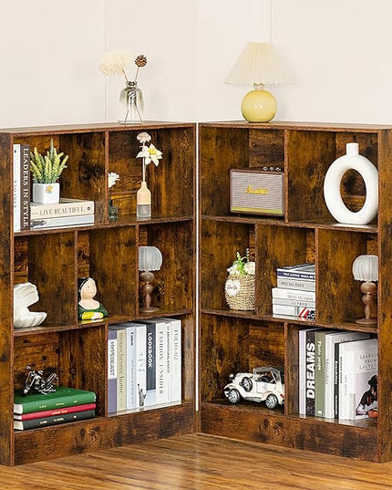 LEYAOYAO 7 Cube Bookshelf with Base,3 Tier Mid-Century Modern Brown Bookcase,Standing Wide Bookshelves Storage Organizer Shelf,Rustic Wood Display Cabinet Book Shelves for Bedroom,Living Room,Office - LeafyLoom