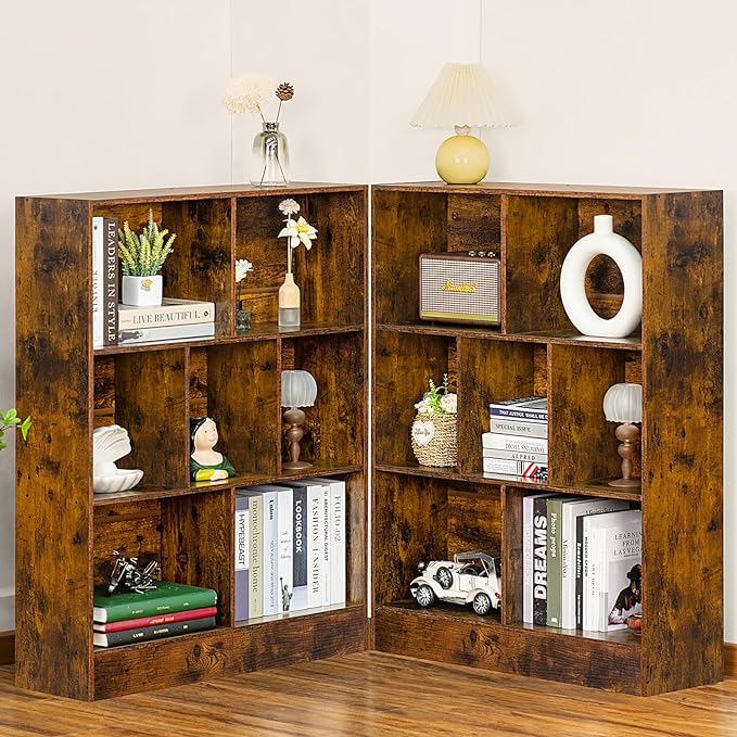 LEYAOYAO 7 Cube Bookshelf with Base,3 Tier Mid-Century Modern Brown Bookcase,Standing Wide Bookshelves Storage Organizer Shelf,Rustic Wood Display Cabinet Book Shelves for Bedroom,Living Room,Office - LeafyLoom