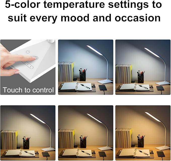 RAOYI LED Desk Lamp, 12W Dimmable Table Lamp Eye-Caring Reading Light with USB Charging Port Touch Control 5 Color Modes 6-Level Brightness Adjustable for Office Home Bedroom (White) - LeafyLoom