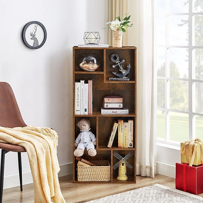 VECELO 42" Modern Bookshelf, 7 Cube Organizer Bookcase,Fits Tallest Hardcovers, Horizontal Available,Floor Standing Display,Easy Assembly, Vintage Brown - LeafyLoom